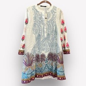 🇪🇸🥑Khaadi Embroidered Cotton Kurti | White Pink Paisley Floral Cambric Tunic | 6